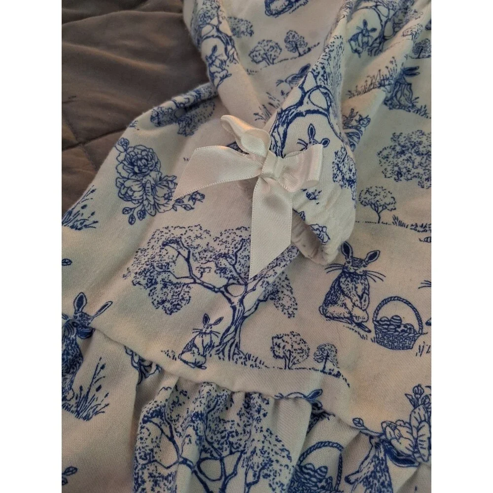 Gymboree Girls XS (4) White/Blue Bunny Toile Shirt Dress Collared Long Sleeve